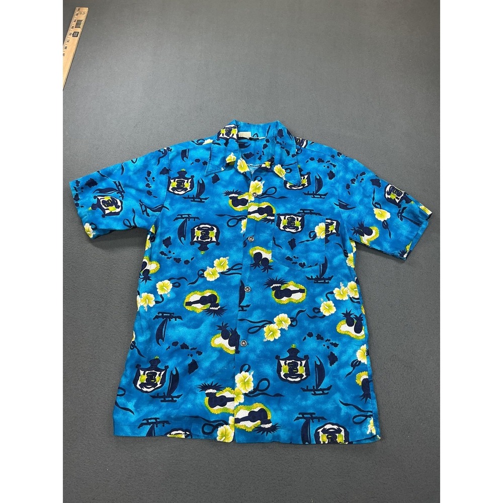 Made In‎ Hawaii Shirt Mens Medium Blue Floral Hawaiian Aloha Button Up Cotton
